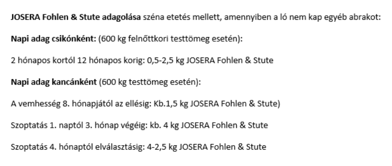 Etetési útmutató - Josera Fohlen & Stute