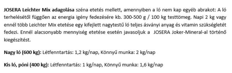 Etetési útmutató - Josera Leichter Mix