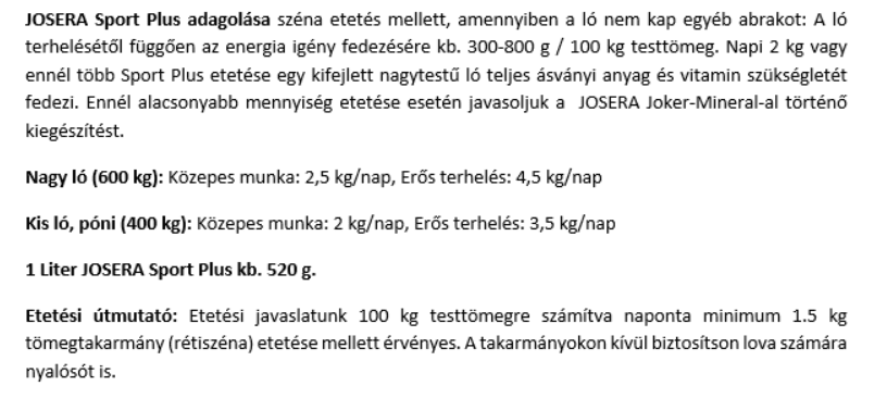 Etetési útmutató - Josera Sport Plus
